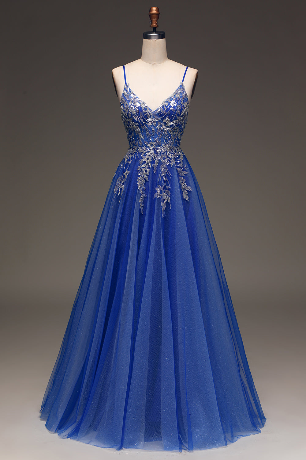 Royal Blue A-Line Spaghetti Straps Long Glitter Tulle Prom Dress