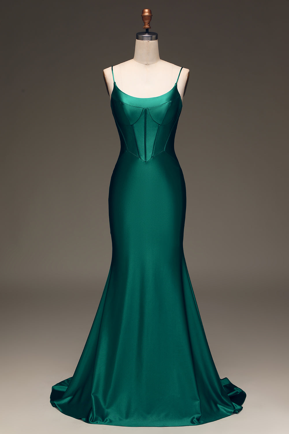 Dark Green Spaghetti Straps Lace Up Long Tight Satin Prom Dress