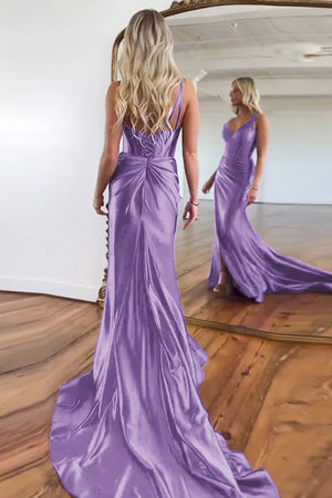 Satin Mermaid V-Neck Sweep Train Prom Dress With Split
