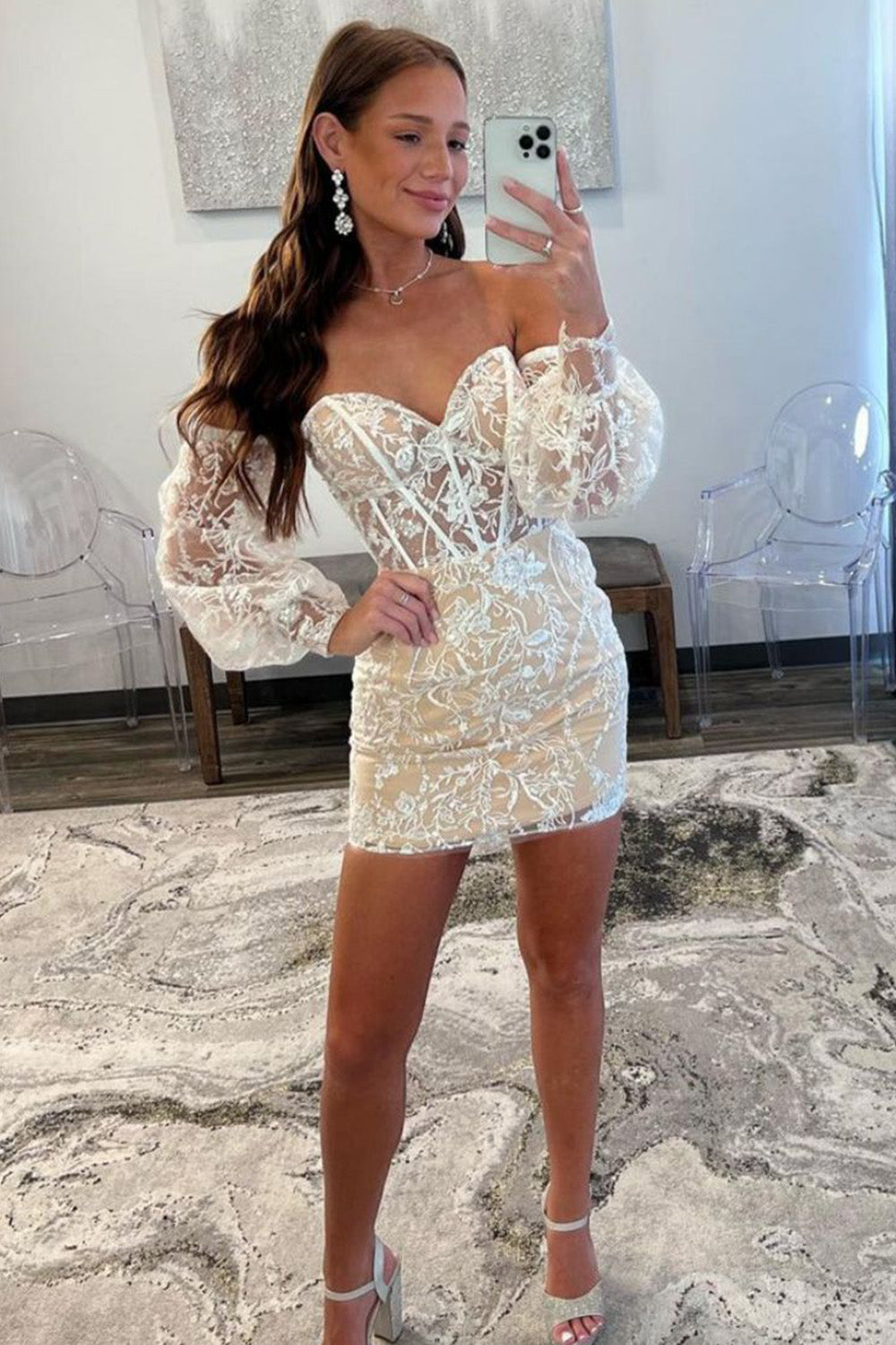 Champagne Lace Bodycon Strapless Short Homecoming Dress With Detachable Sleeves