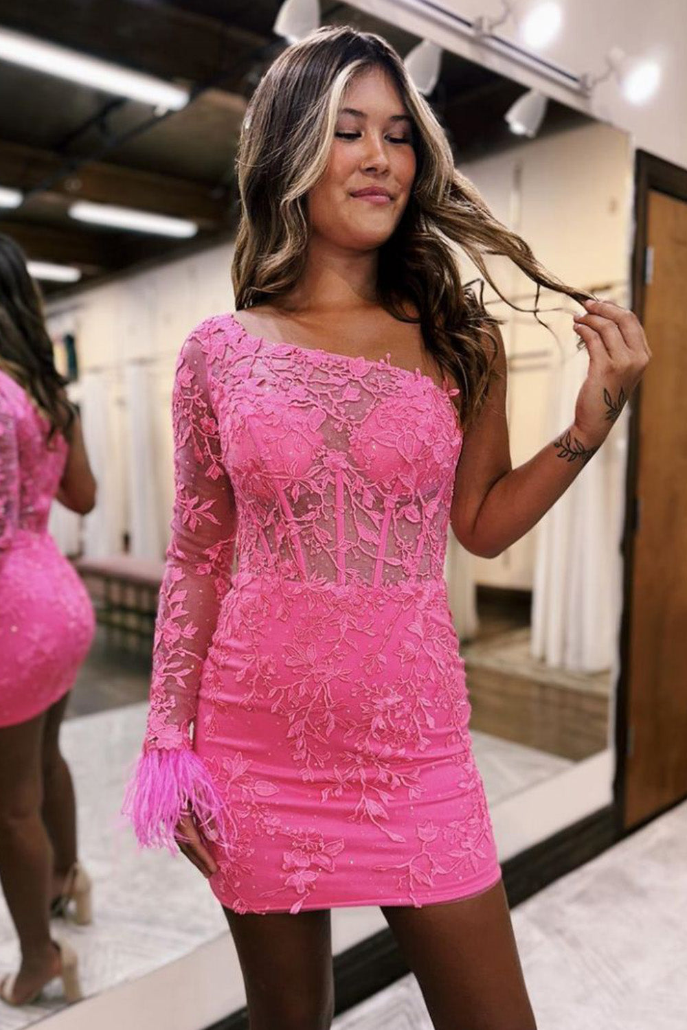 Pink Lace One Shoulder Long Sleeves Short Homecoming Dress with Feather