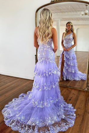 Lilac Sparkly One Shoulder Long Prom Dress With Appliques And Split