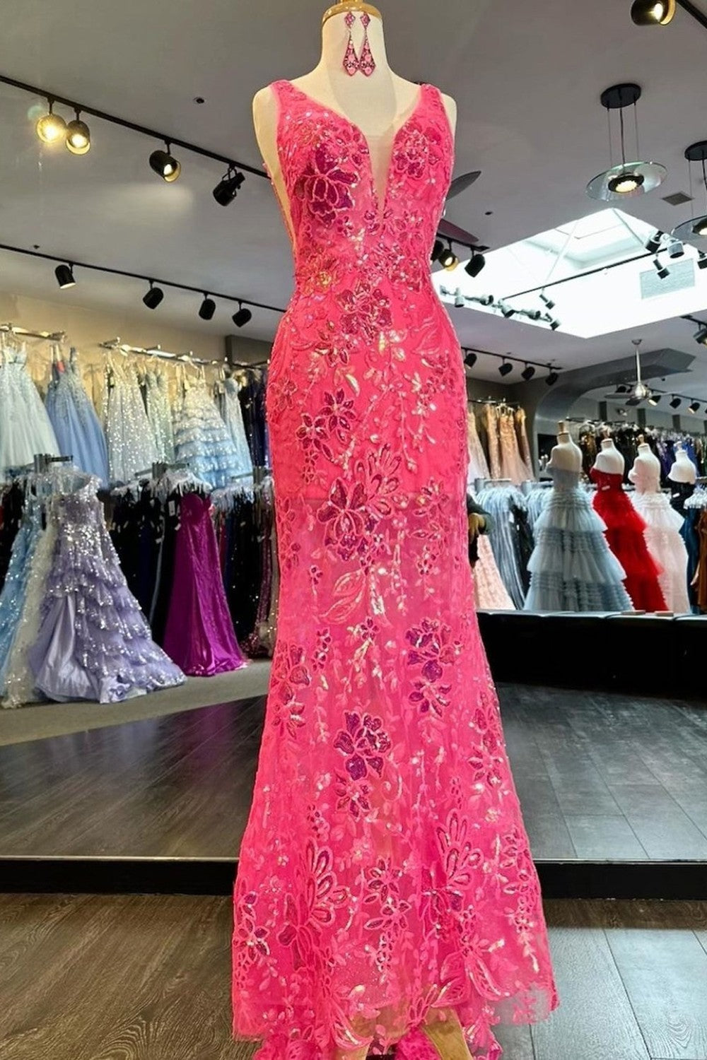 Mermaid Hot Pink Deep V-Neck Long Prom Party Dress With Appliques