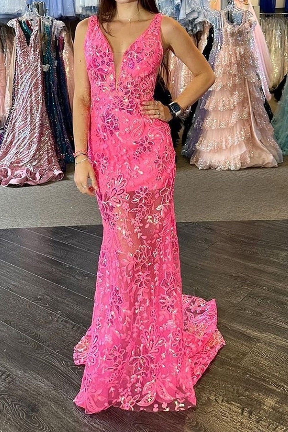 Pretty Mermaid Deep V-Neck Long Hot Pink Prom Dress With Appliques