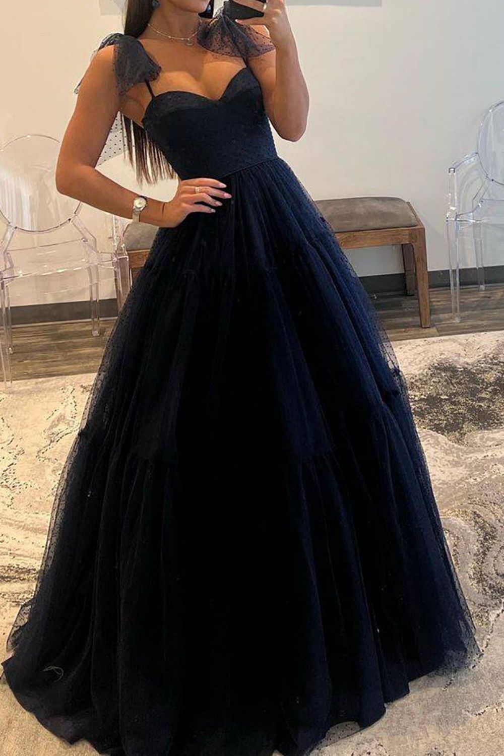 Navy A-Line Tie Straps Floor Length Tulle Prom Dress