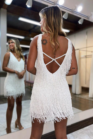 Pretty V-Neck Cross Back Mini Homecoming Dress With Tassel