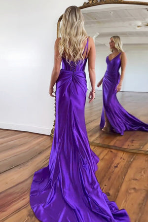 Purple Mermaid V-Neck Zipper Back Satin Long Prom Dress With Split