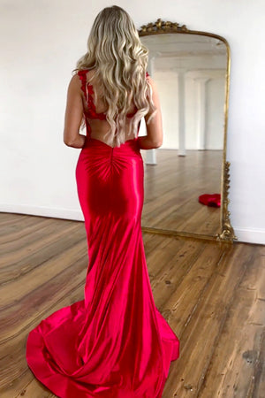 Red Mermaid Straps Keyhole Back Long Satin Prom Dress With Slit