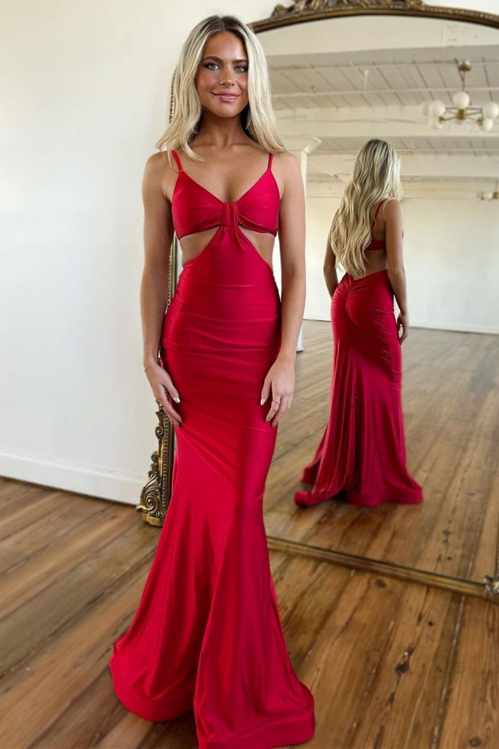 Red Spaghetti Straps Cutout Waist Long Mermaid Satin Prom Dress