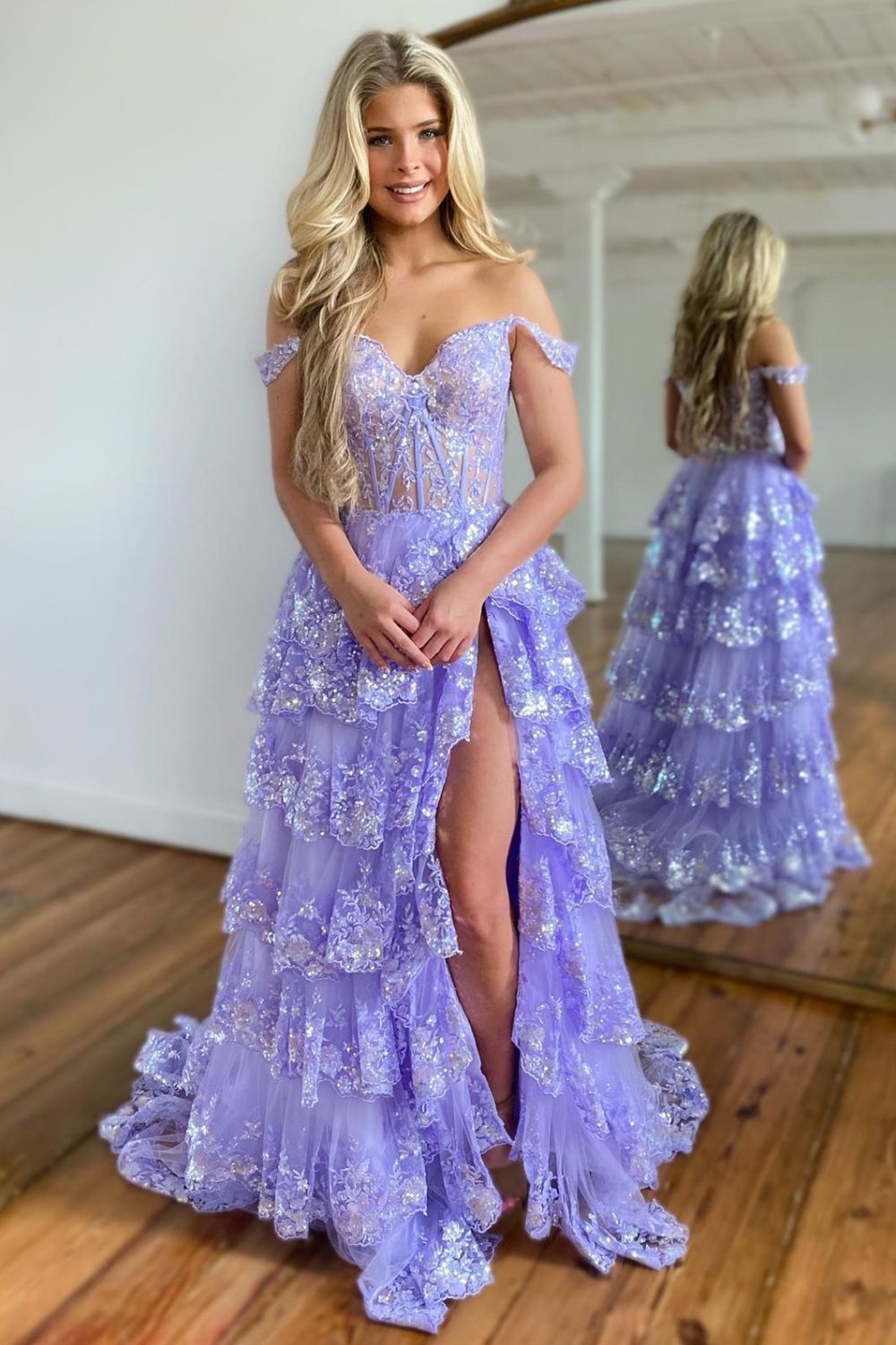 Romantic A-Line Off The Shoulder Long Glitter Prom Dress With Appliques