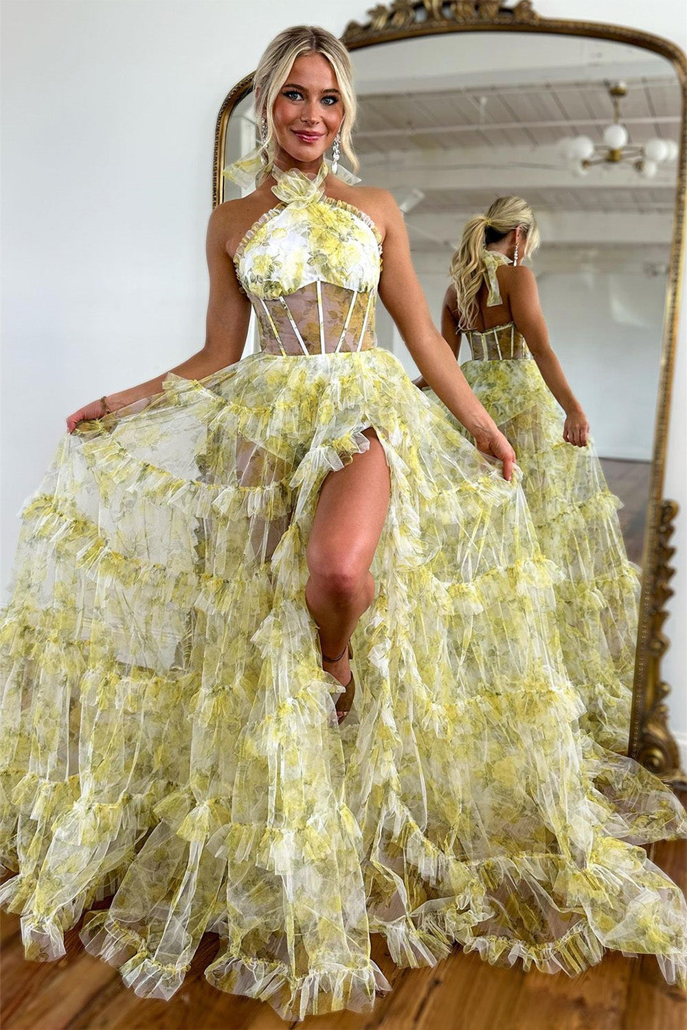 Elegant A-Line Yellow Halter Neck Tulle Long Prom Dress With Slit