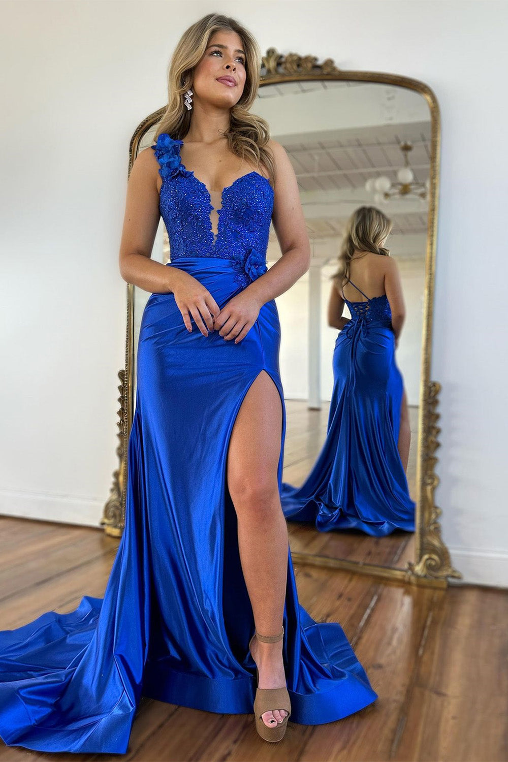 Elegant Royal Blue Satin Mermaid Lace Up One Shoulder Long Prom Dress With Split