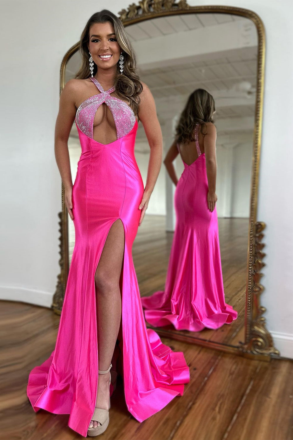 Fuchsia Satin Mermaid Halter Long Sexy Prom Dress With Split