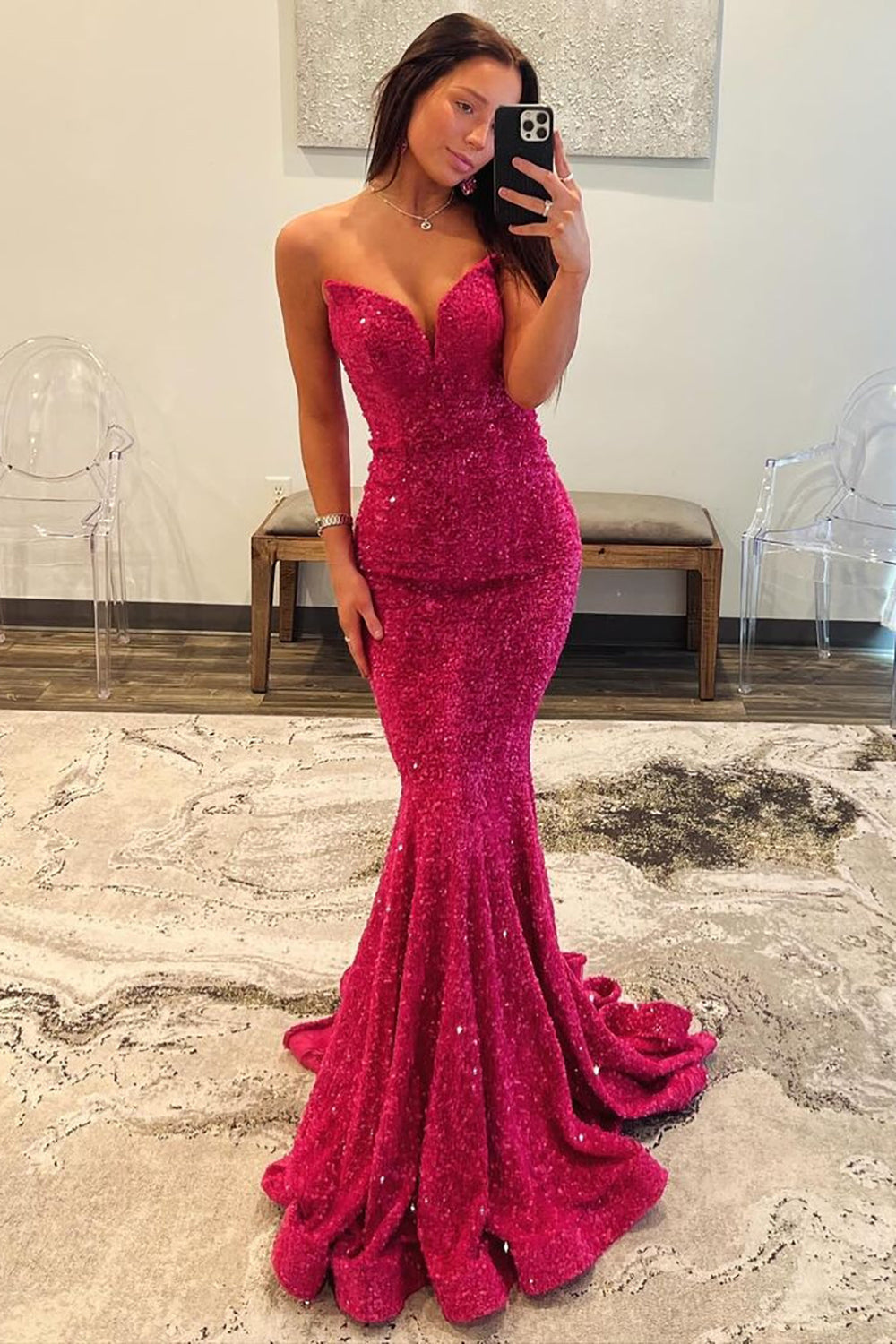 Fuchsia Glitter Mermaid Strapless Keyhole Back Sequin Long Prom Dress