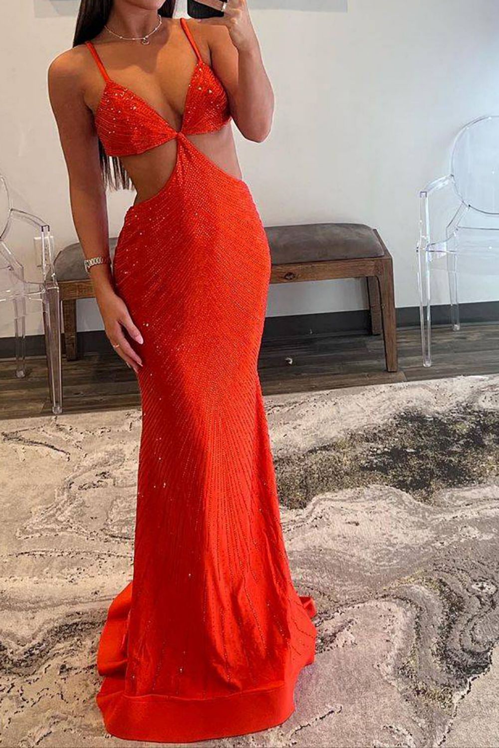 Sexy Mermaid Spaghetti Straps Cutout Waist Long beaded Prom Dress