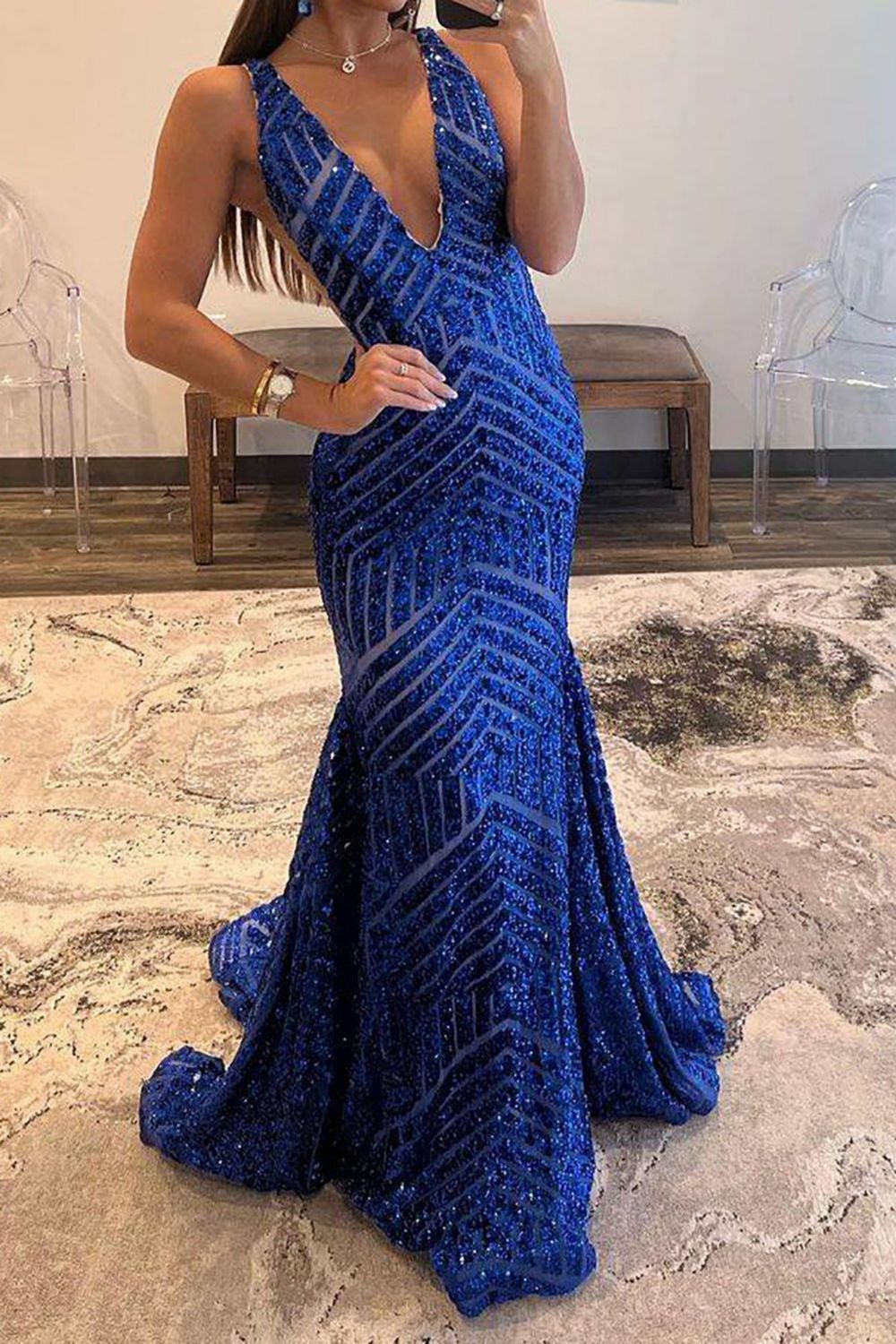 Sexy Royal Blue Deep V-Neck Long Mermaid Sequin Prom Dress