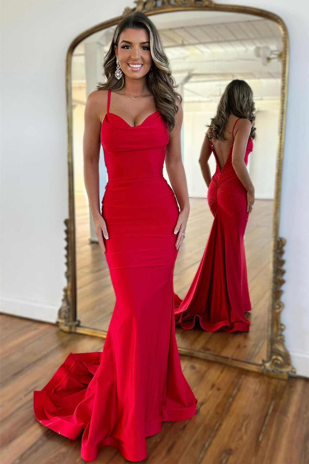 Simple Satin Red Mermaid Spaghetti Straps Long Prom Dress
