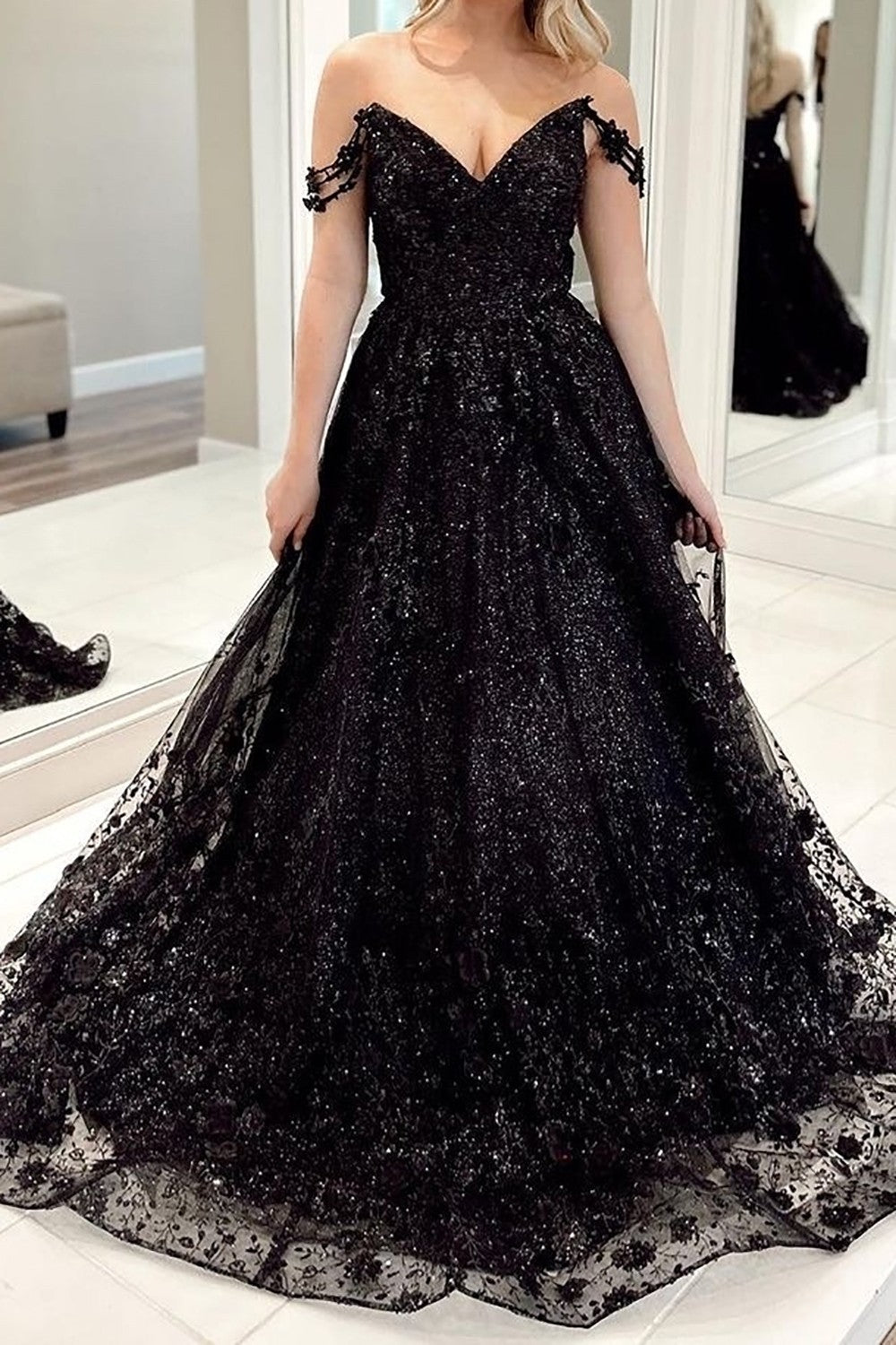 Sparkly Black A-Line Off The Shoulder Long Tulle Prom Party Dress