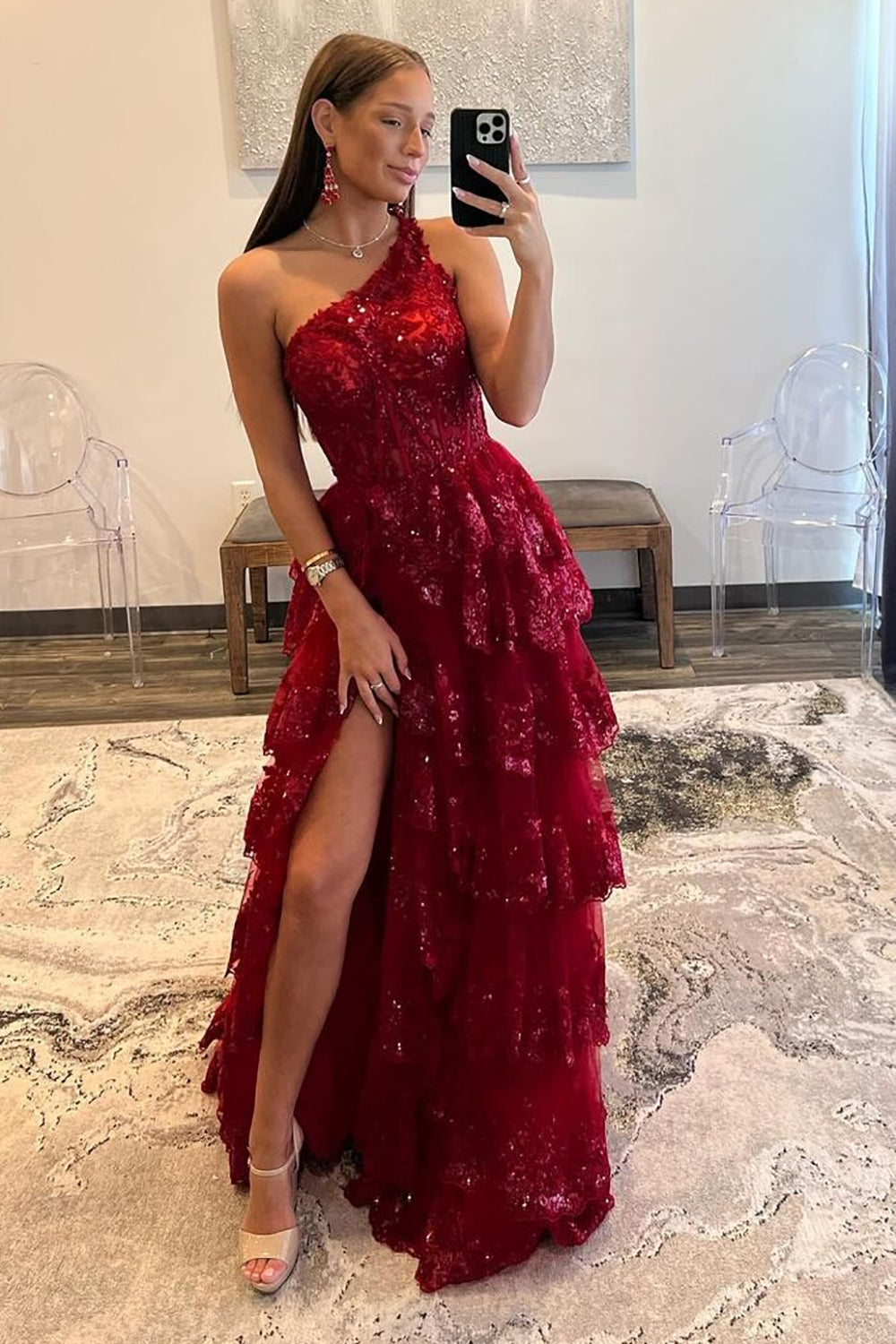 Dark Red A-Line Sequin One Shoulder Tiered Long Prom Dress With Slit