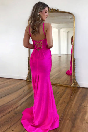 Fuchsia Beaded Mermaid Spaghetti Straps Lace Up Prom Dress With Slit