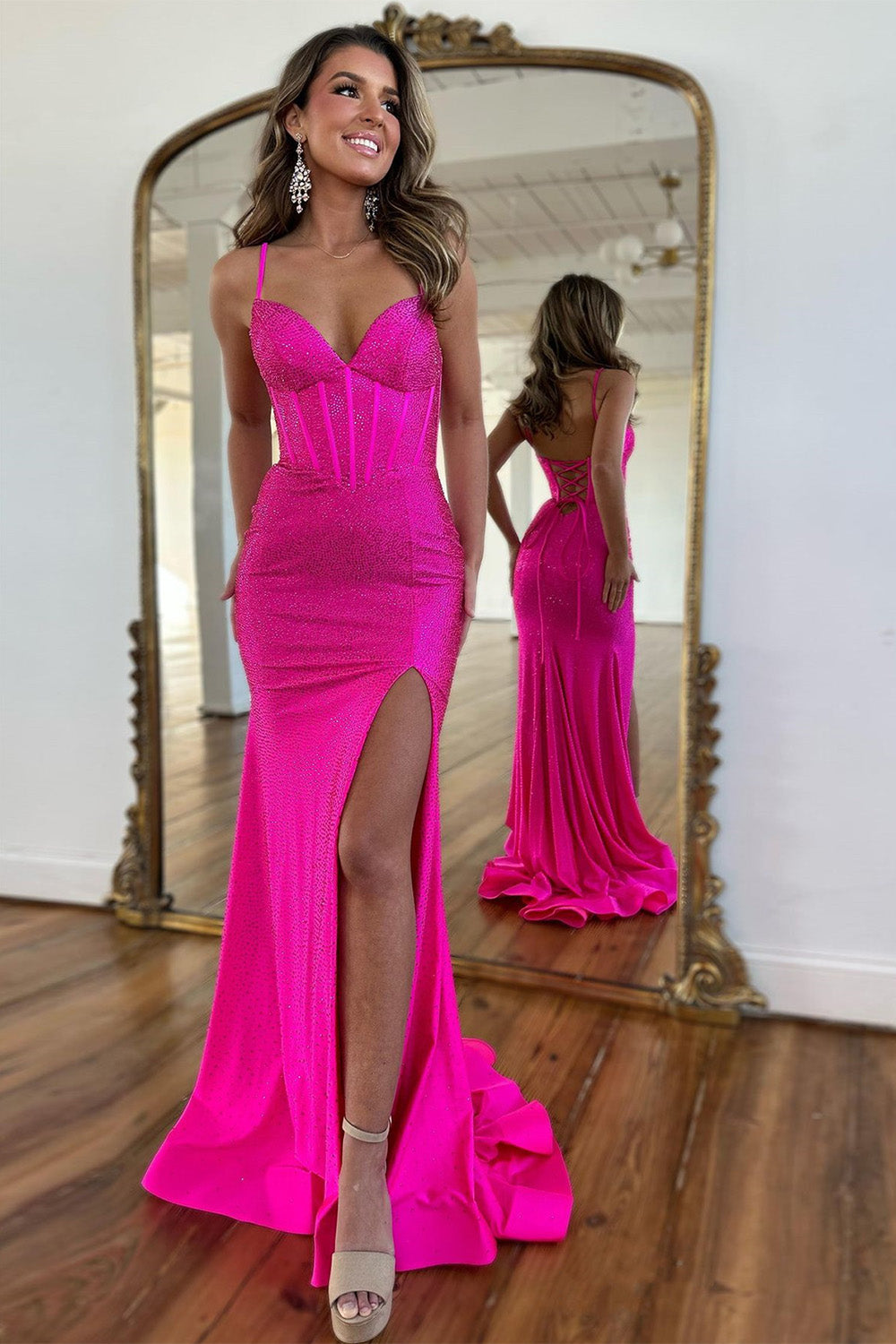 Fuchsia Beaded Mermaid Spaghetti Straps Lace Up Prom Dress With Slit