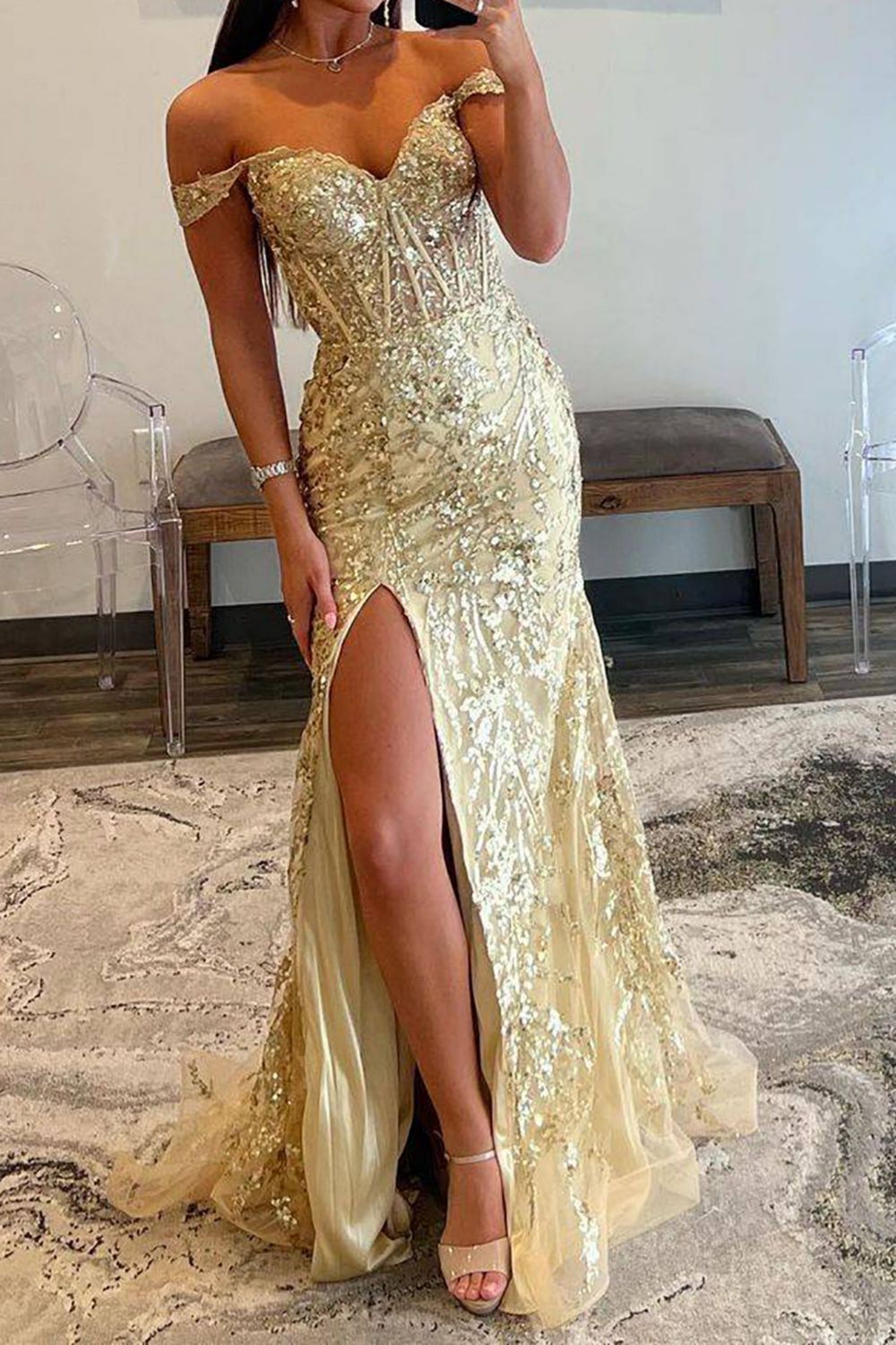 Sparkly Gold Off The Shoulder Long Mermaid Sequin Prom Dress With Split