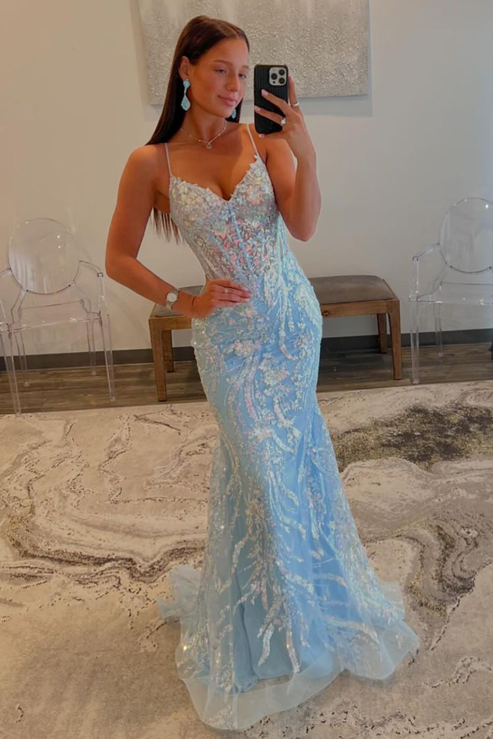 Sequin Light Blue Mermaid Spaghetti Straps Sweep Train Prom Dress