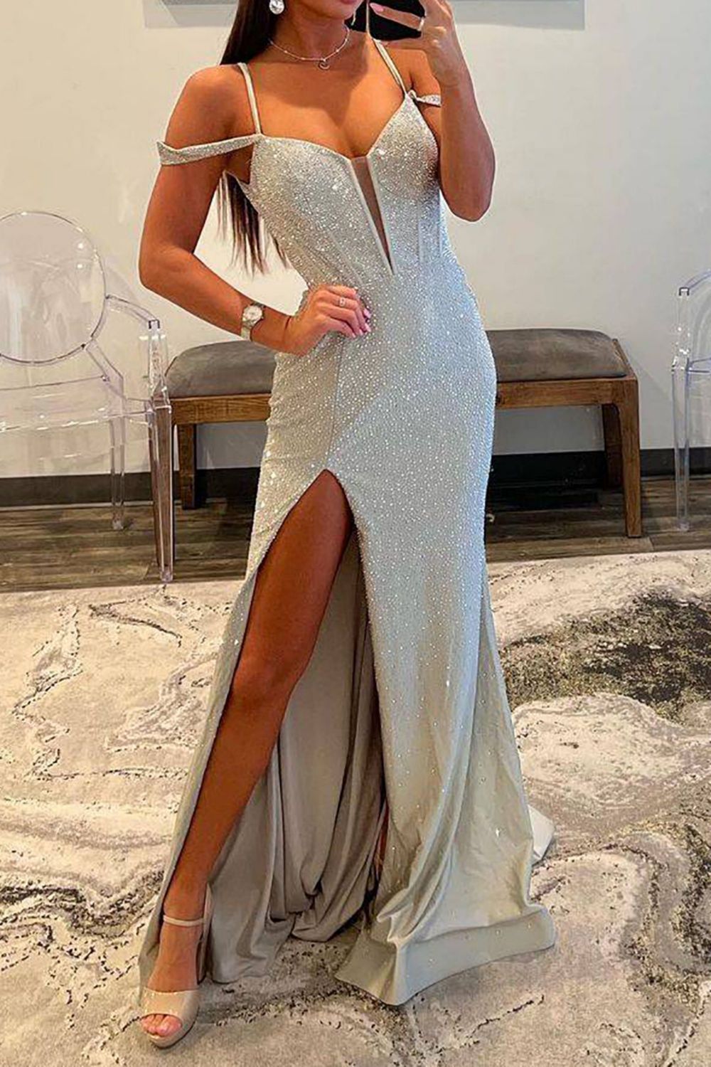 Sparkly Mermaid Grey Spaghetti Straps Long Beaded Prom Dress With Split