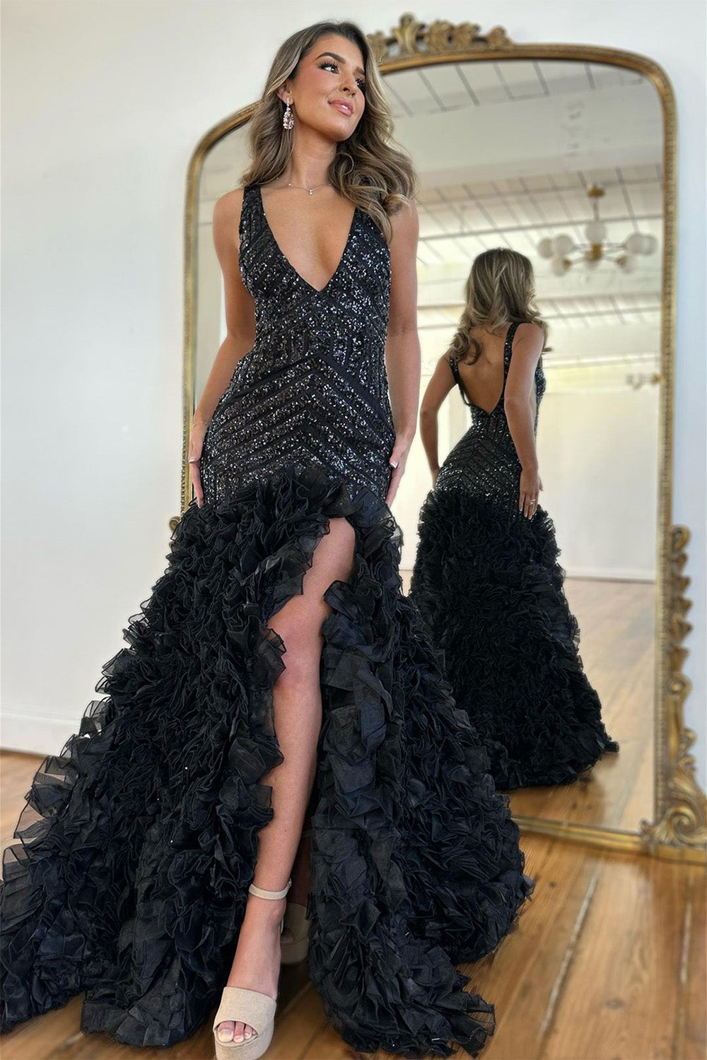 Sequin Black Mermaid V-Neck Long Prom Dress With Slit And Ruffles