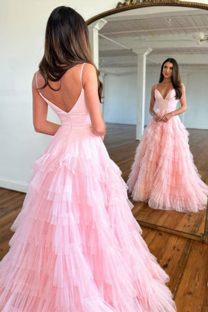 Stunning A-Line Spaghetti Straps Sweep Train Ruffle Tulle Prom Dress