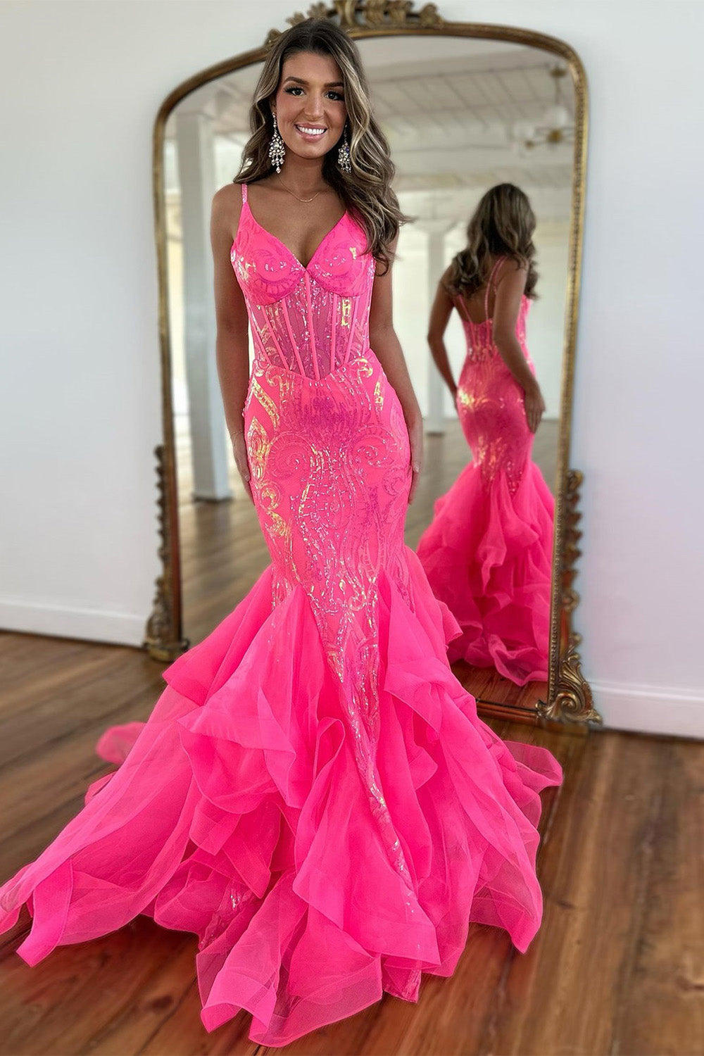 Hot Pink Sequin Long Mermaid Spaghetti Straps Prom Dress With Ruffles