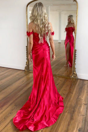 Red Satin Mermaid Off The Shoulder Long Prom Dress With Flowers And Split