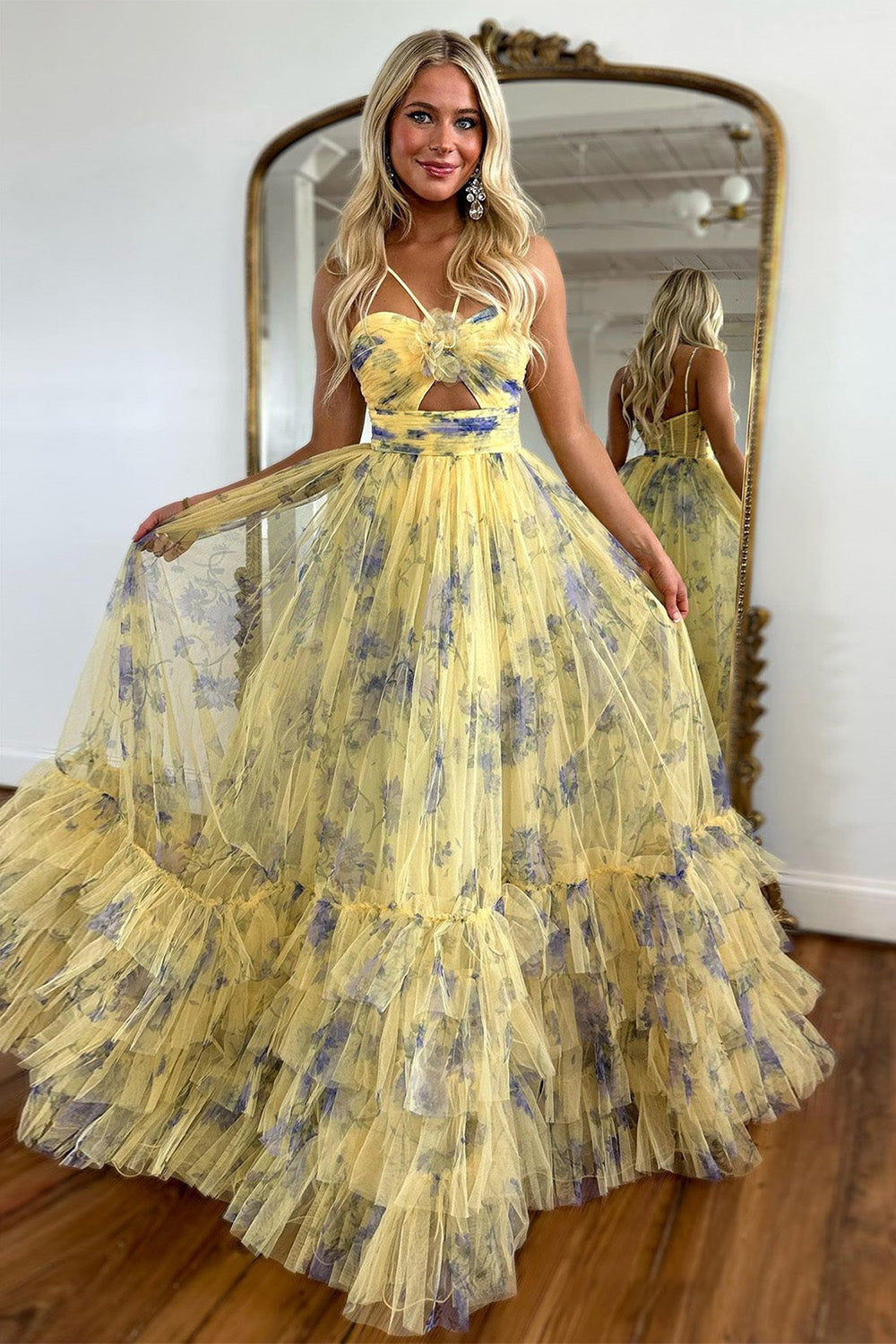 Cute Yellow Long A-Line Halter Neck Tulle Prom Dress With Ruffles