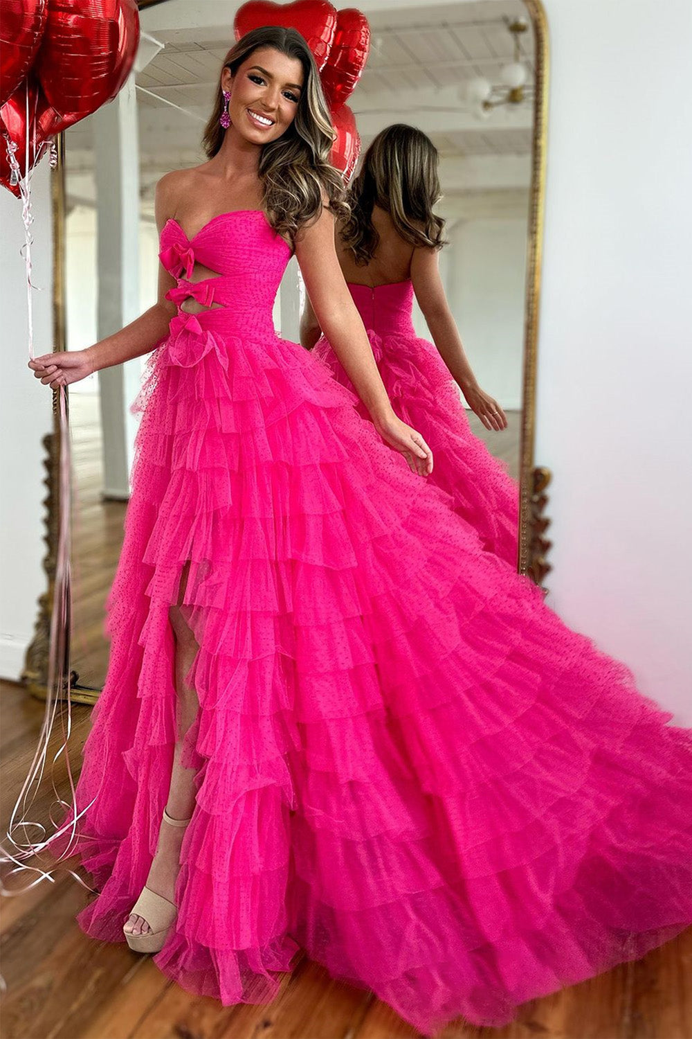 Fuchsia A-Line Sweetheart Tulle Long Prom Dress With Slit And Bowknot