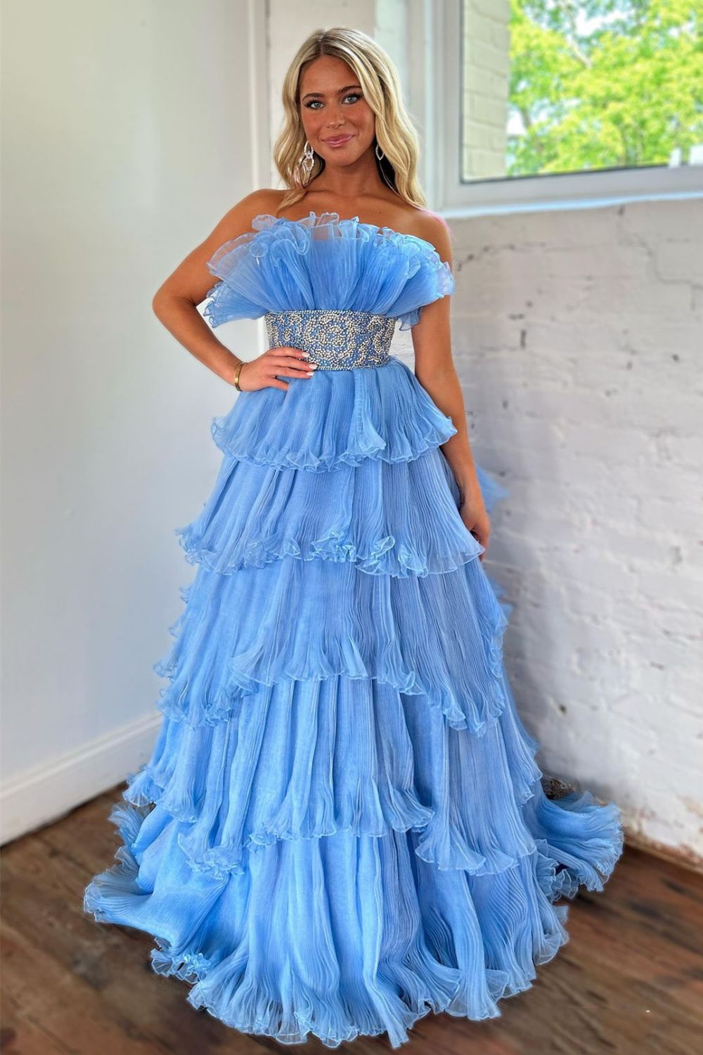 Stylish Blue A-Line Strapless Long Tiered Prom Dress With Belt