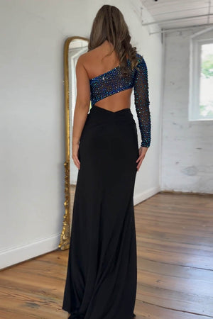 Stylish One Shoulder Cutout Waist Long Beaded Prom Dress With Split