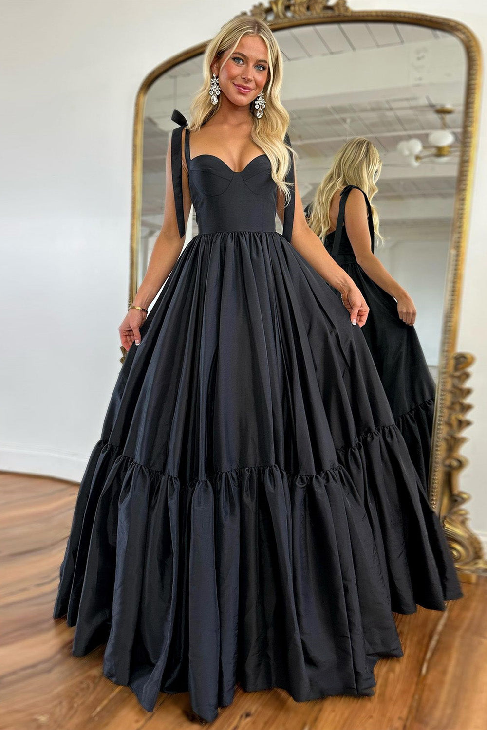 Cute Black A-Line Satin Tie Straps Long Prom Dress