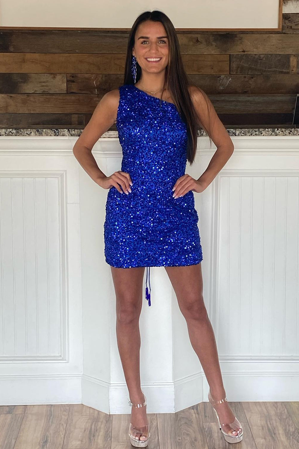 Royal Blue One Shoulder Sparkly Sequin Short Homecoming Dress