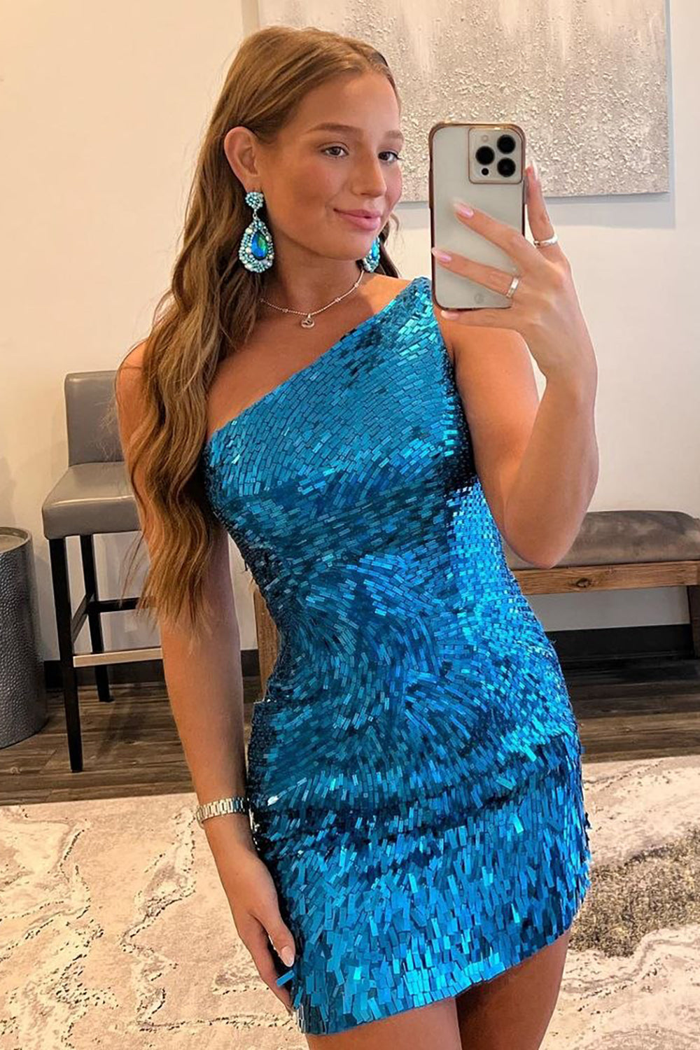 One Shoulder Royal Blue Glitter Sequin Short Cocktail Dress