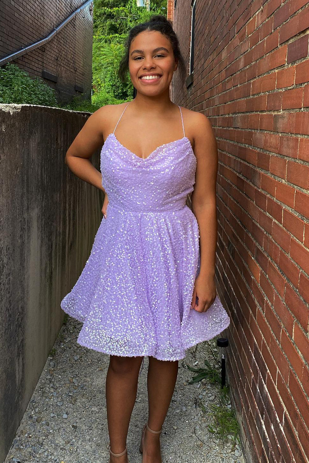 Lilac Sequins A Line Homecoming Dress with Criss Cross Back