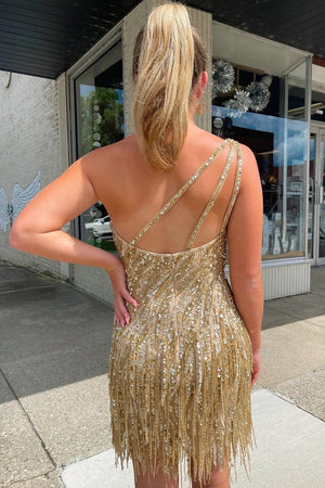 Sparkly Golden Tight One-Shoulder Homecoming Dress with Sequins