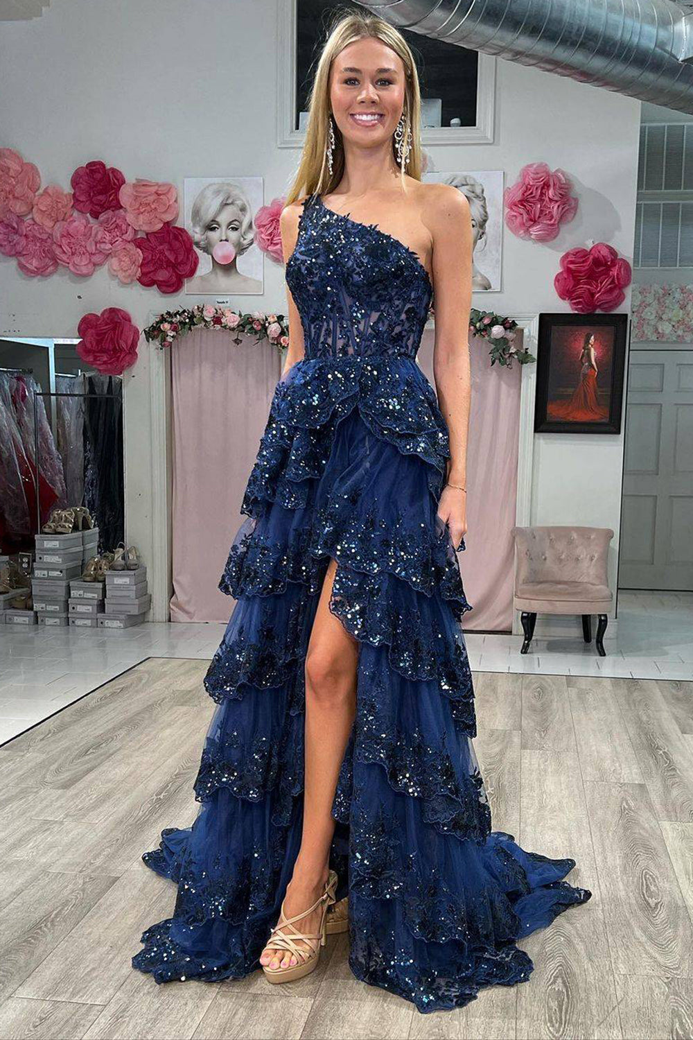 Sparkly A Line One Shoulder Navy Long Lace Prom Dress with Split