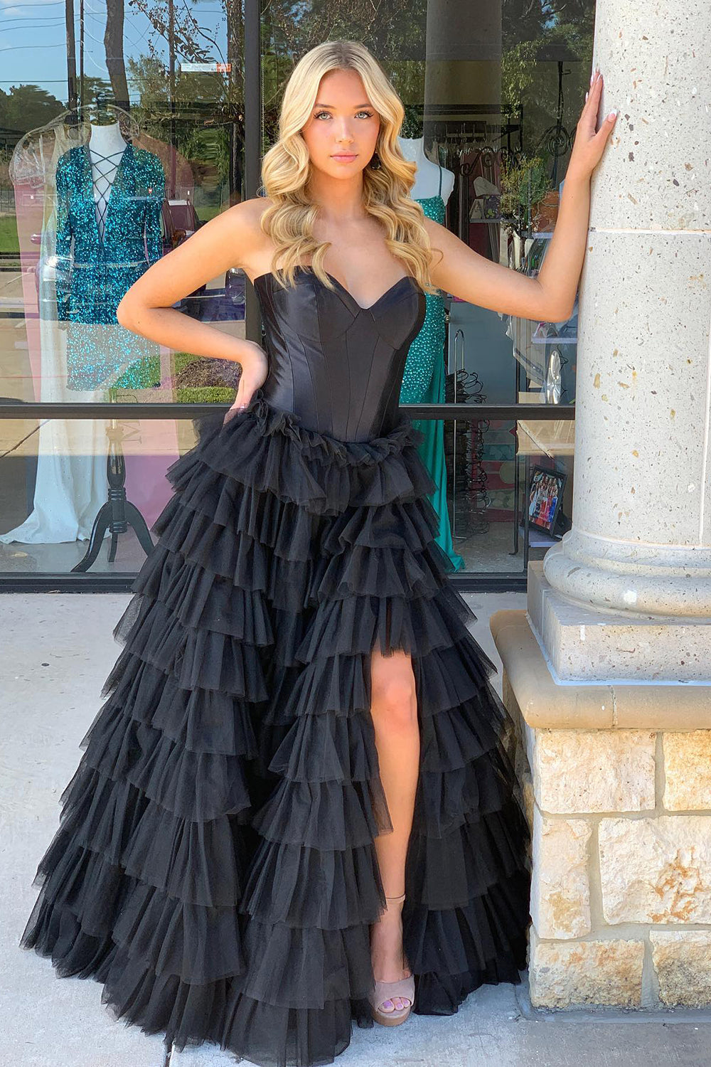 Black Tiered Corset Tulle A Line Prom Dress with Slit