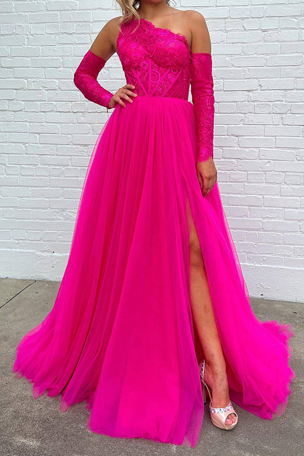 A-Line One Shoulder Hot Pink Long Prom Dress with Detachable Sleeves