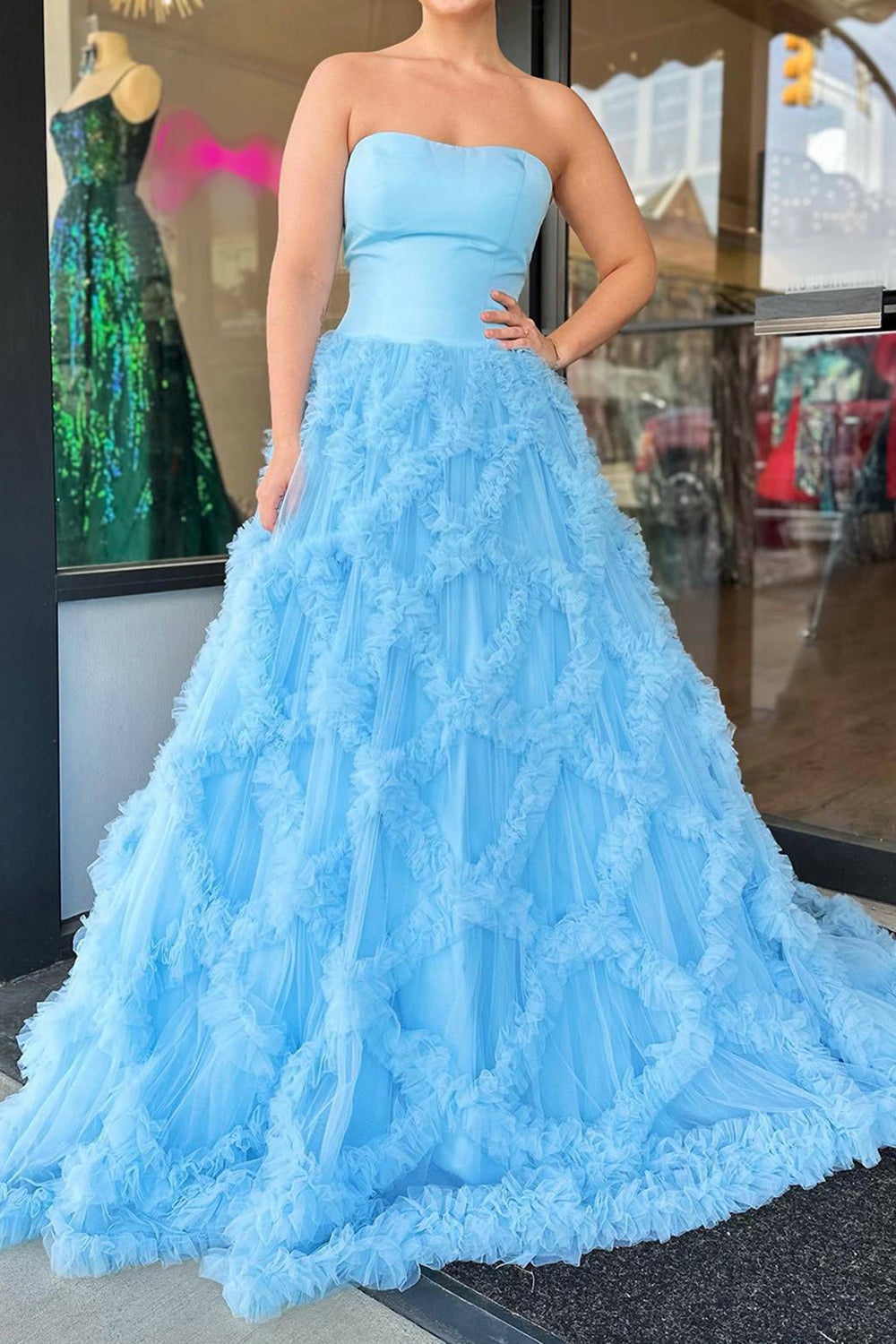 Blue Elegant A-Line Strapless Zipper Back Long Ruffle Prom Dress