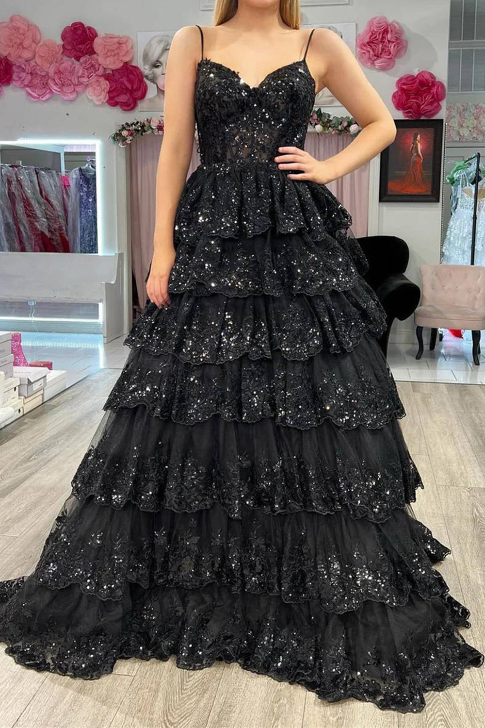 Gorgeous Glitter A-Line Spaghetti Straps Long Lace Prom Dress with Ruffles