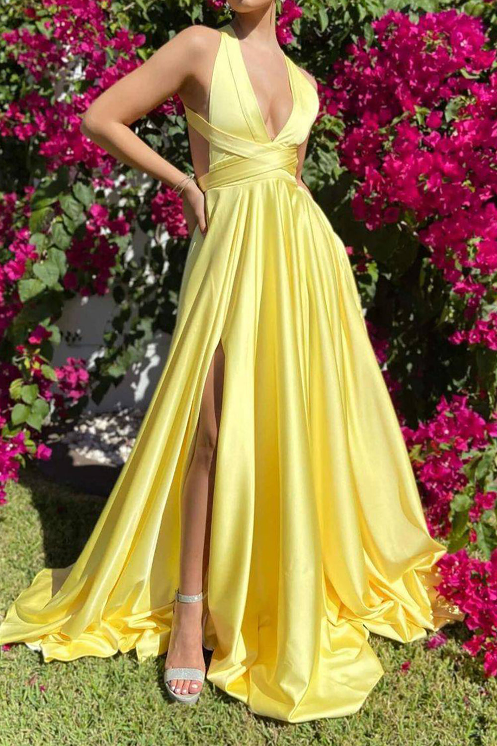 Stylish A-Line Deep V-Neck Cross Back Long Prom Dress with Split