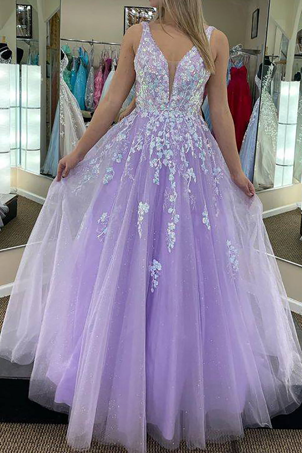 Romantic Purple A-Line Deep V Neck Long Prom Dress with Appliques