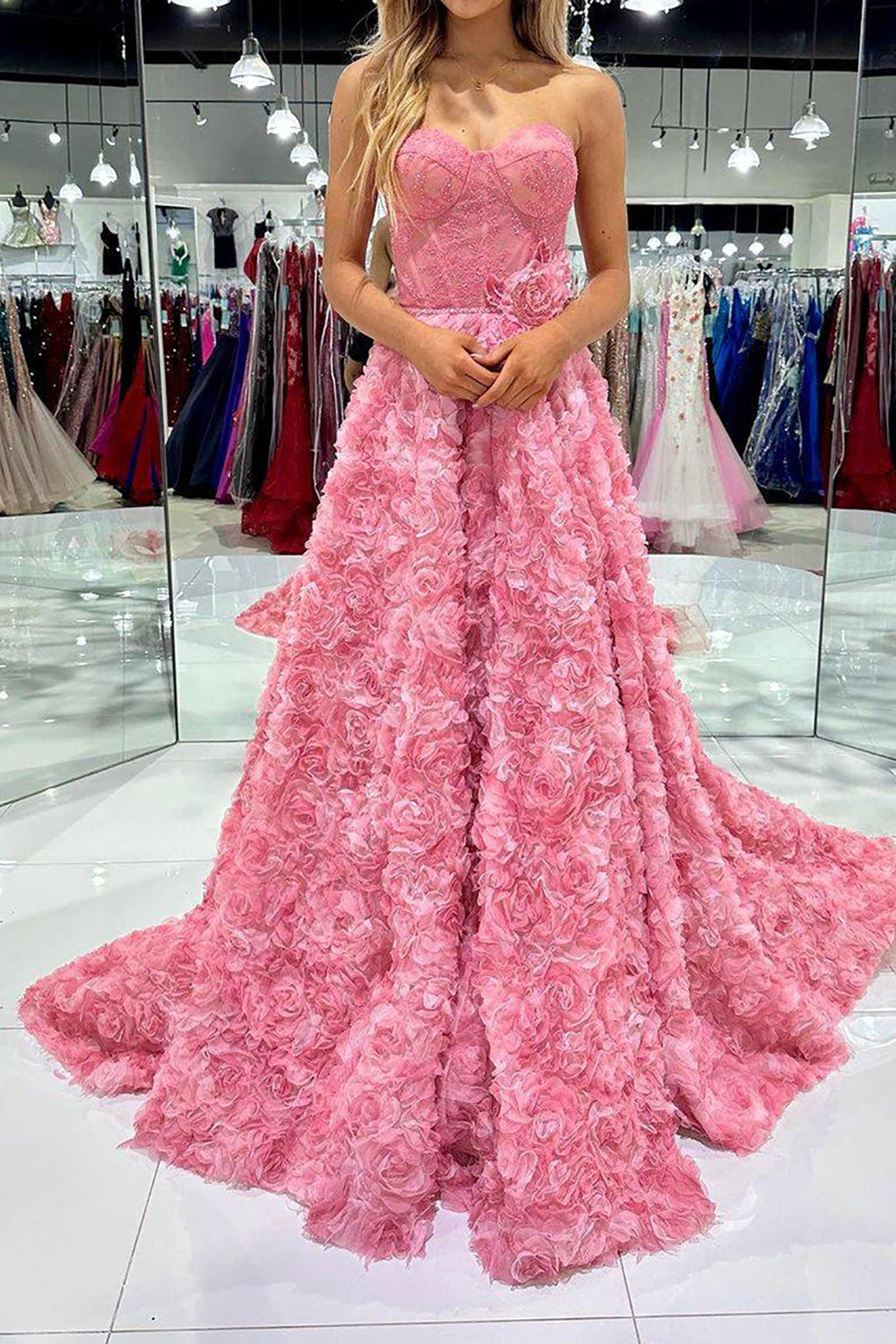 Elegant Pink A-Line Sweetheart Long Prom Dress with 3D Flowers