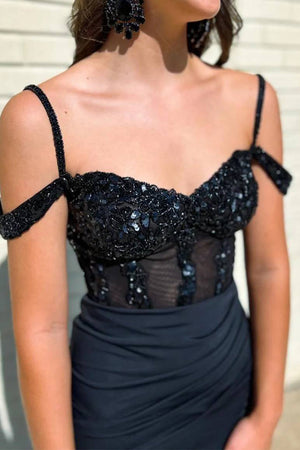 Glitter Black Mermaid Off the Shoulder Long Prom Dress with Split